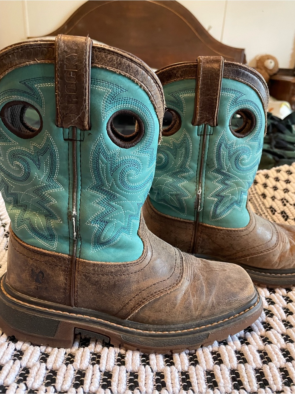 Rocky Brown and Teal Kids Pull-On Western Boots